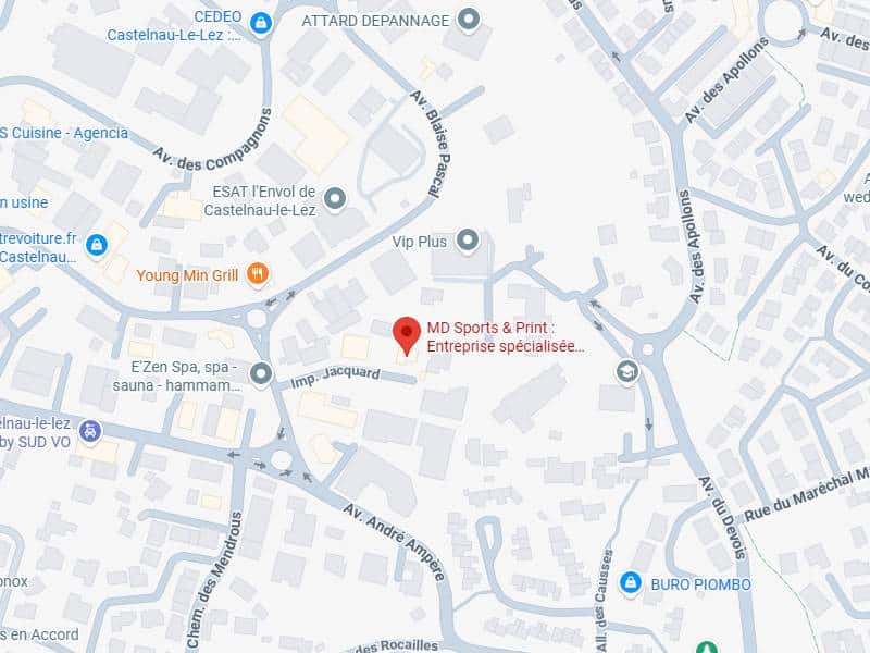 MD Sports & Print Castelnau-le-Lez : Carte et Localisation Carte de Castelnau-le-Lez localisant MD Sports & Print. On voit les rues Av. des Apollons, Av. André Ampère et Young Min Grill.