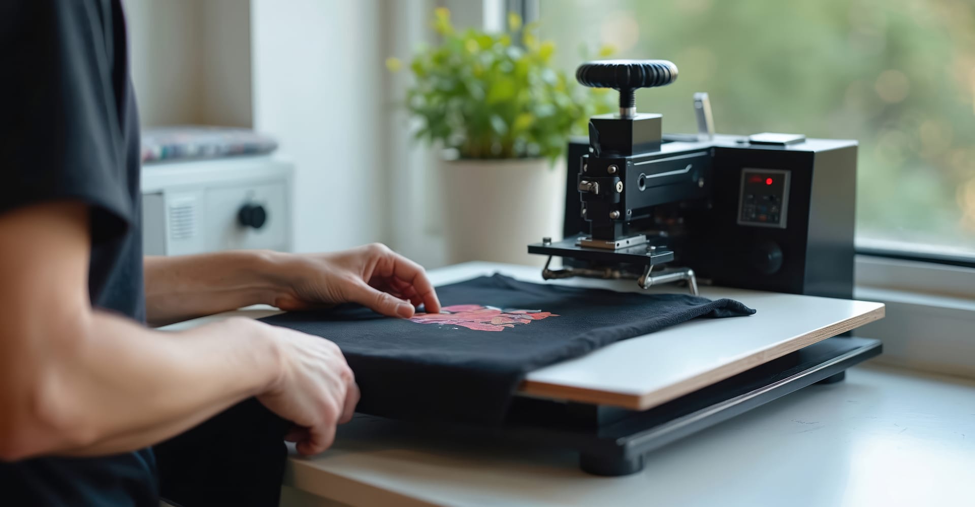 Une personne ajuste un motif coloré sur un t-shirt noir positionné sur une petite presse à chaud, près d'une fenêtre lumineuse.