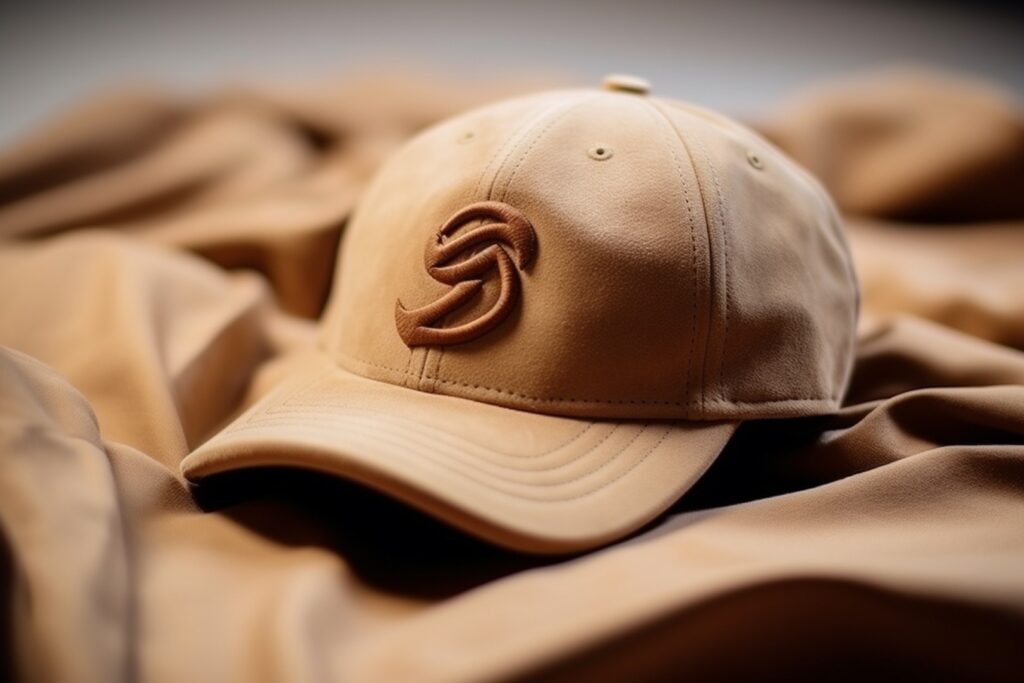 Casquette de baseball premium couleur camel, texture daim, posée sur un drapé assorti. Logo 'S' stylisé en relief marron sur le devant.