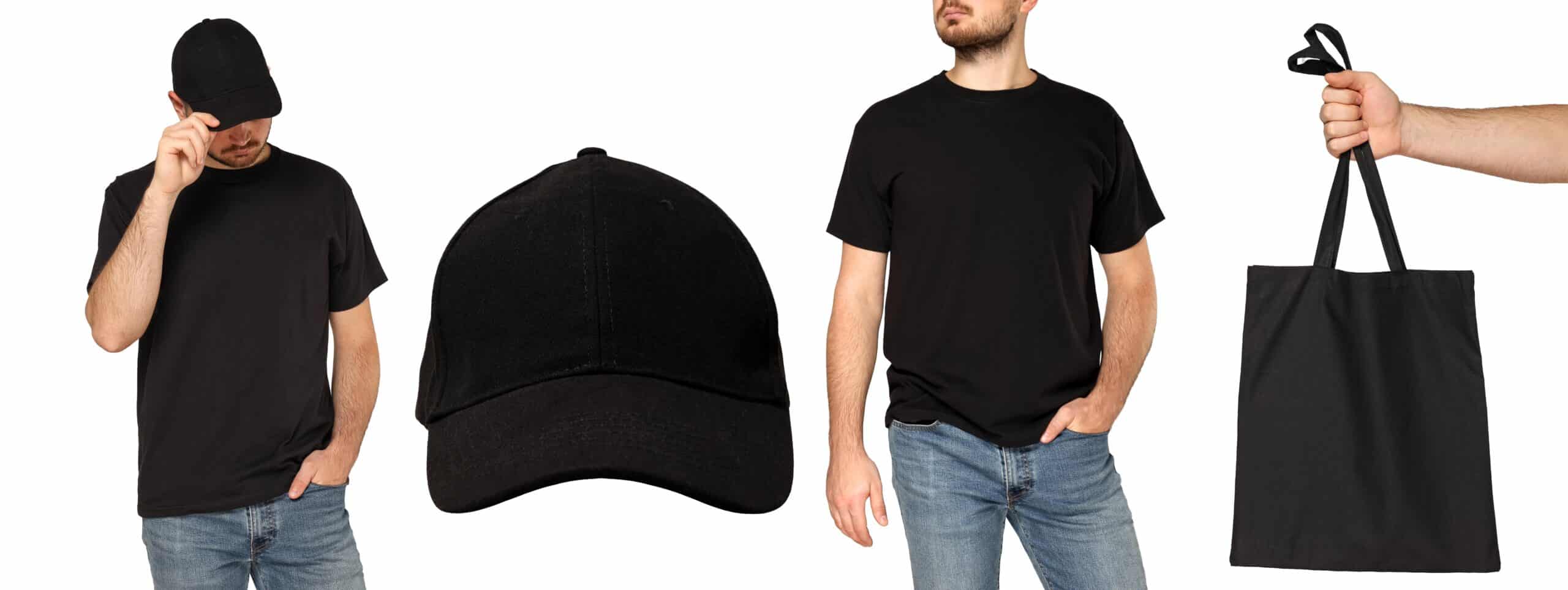 Collection de mockups noirs pour l'impression : T-shirt, casquette et sac fourre-tout. Deux modèles masculins portent les articles sur fond blanc.