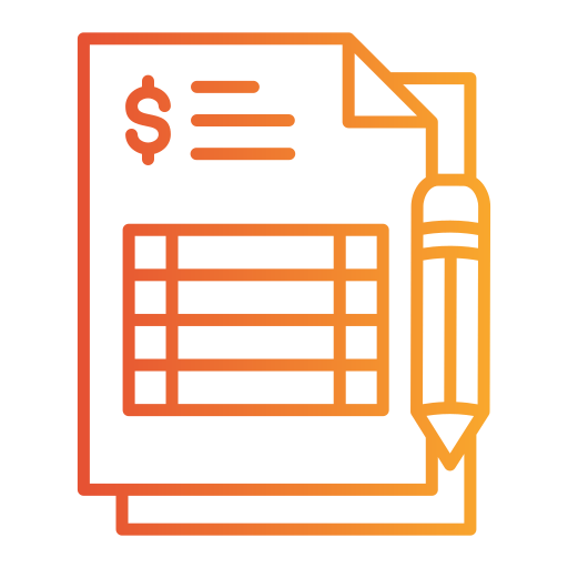 Finance et Budget : Icône de rapport comptable et crayon Document financier avec signe dollar et tableau de calculs détaillé. Un crayon est prêt pour la saisie et la gestion du budget.