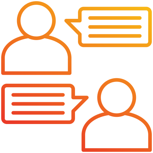 Dialogue et conversation en ligne : échange d'utilisateurs Deux icônes d'utilisateurs orange en conversation. Chaque silhouette possède une bulle de dialogue avec du texte symbolisant l'échange ou le support client.