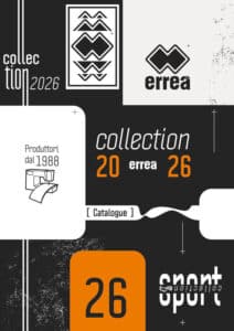 Couverture de catalogue Errea Collection 2026. Design moderne noir/blanc/orange avec logos, année 2026 et "Produttori dal 1988".
