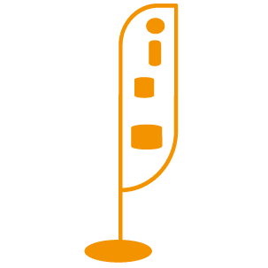 Drapeau Publicitaire Plume Orange - Signalétique Event Icône orange d'un drapeau publicitaire plume avec socle rond et motifs géométriques abstraits.