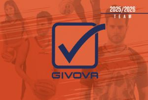 Logo Givova bleu et coche sur fond orange avec athlètes et texte 2025/2026 TEAM. Collection sport dynamique.