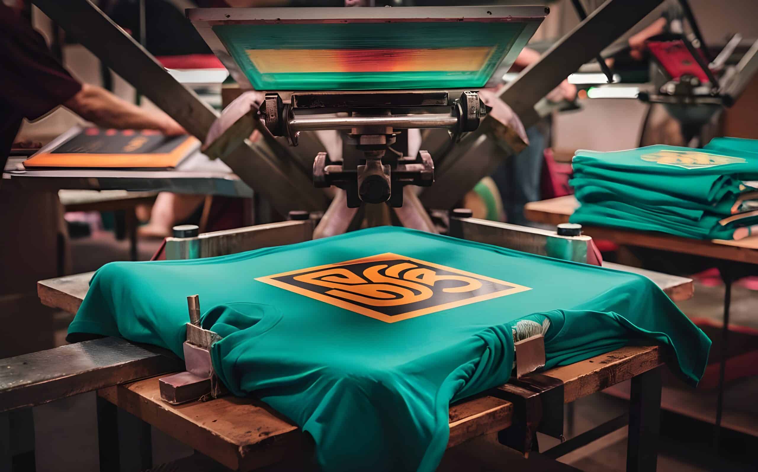 Sérigraphie T-shirt : Impression Professionnelle en Atelier Presse de sérigraphie imprimant un logo graphique jaune sur un t-shirt turquoise dans un atelier de confection.