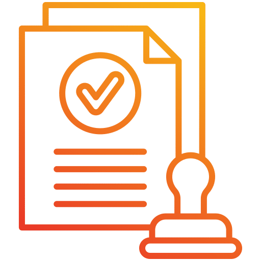 Validation de document et tampon : icône de certification Documents avec coche de validation et tampon encreur en dégradé orange, symbolisant une certification approuvée.